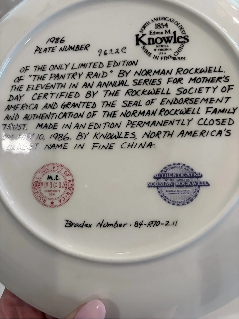 Norman Rockwell Authenticated Knowles, Mothers Day 1986 Plate